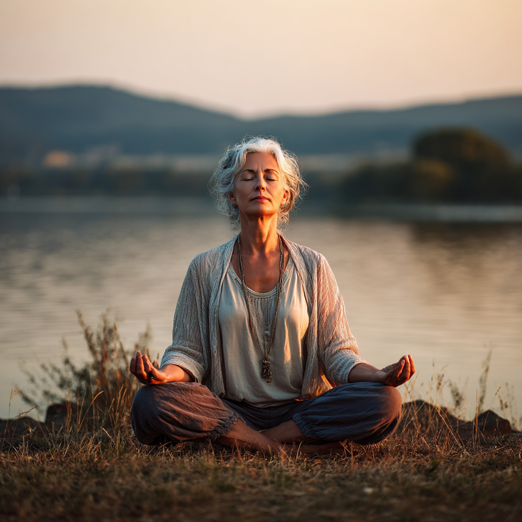 Serene middle-aged Ukrainian woman practicing yoga in peaceful meditation pose, sitting cross-legged with eyes closed and gentle smile, wearing comfortable white yoga attire in a bright, minimalist room
