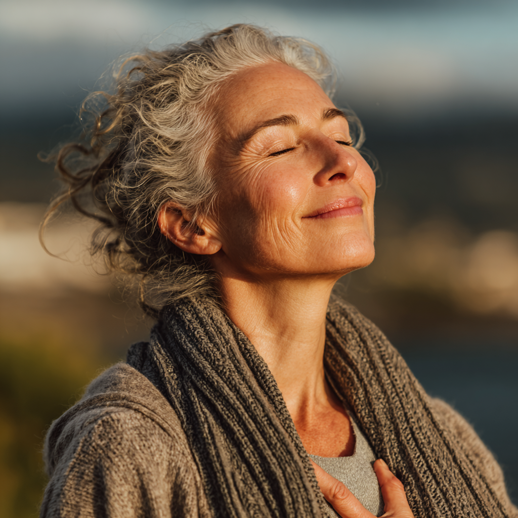 Peaceful elderly Ukrainian man sitting in lotus position with hands on knees, practicing deep breathing exercises, wearing light gray comfortable clothing in a sunlit yoga studio with wooden floors